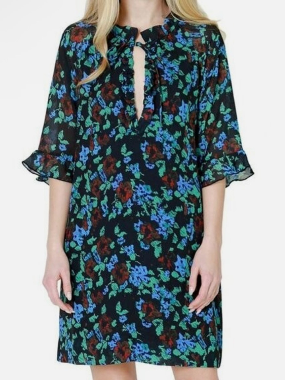 Ganni Printed Light Crepe Mini Dress Meadow Azure Blue Ruffle Neckline Size 38 - Picture 3 of 10